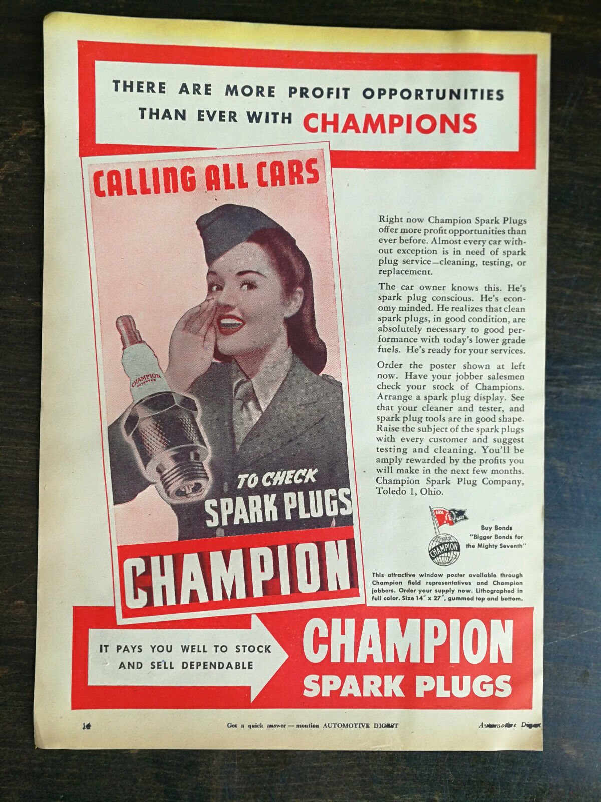 Vintage 1945 Champion Spark Plugs Female WWII Soldier Full Page Original Ad