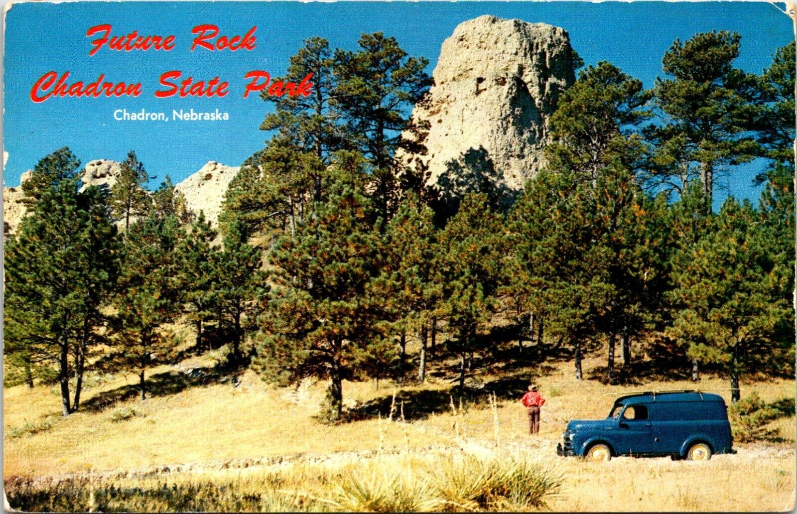 Postcard 1961 Future Rock Chadron State Park Blue Panel Truck Nebraska A129