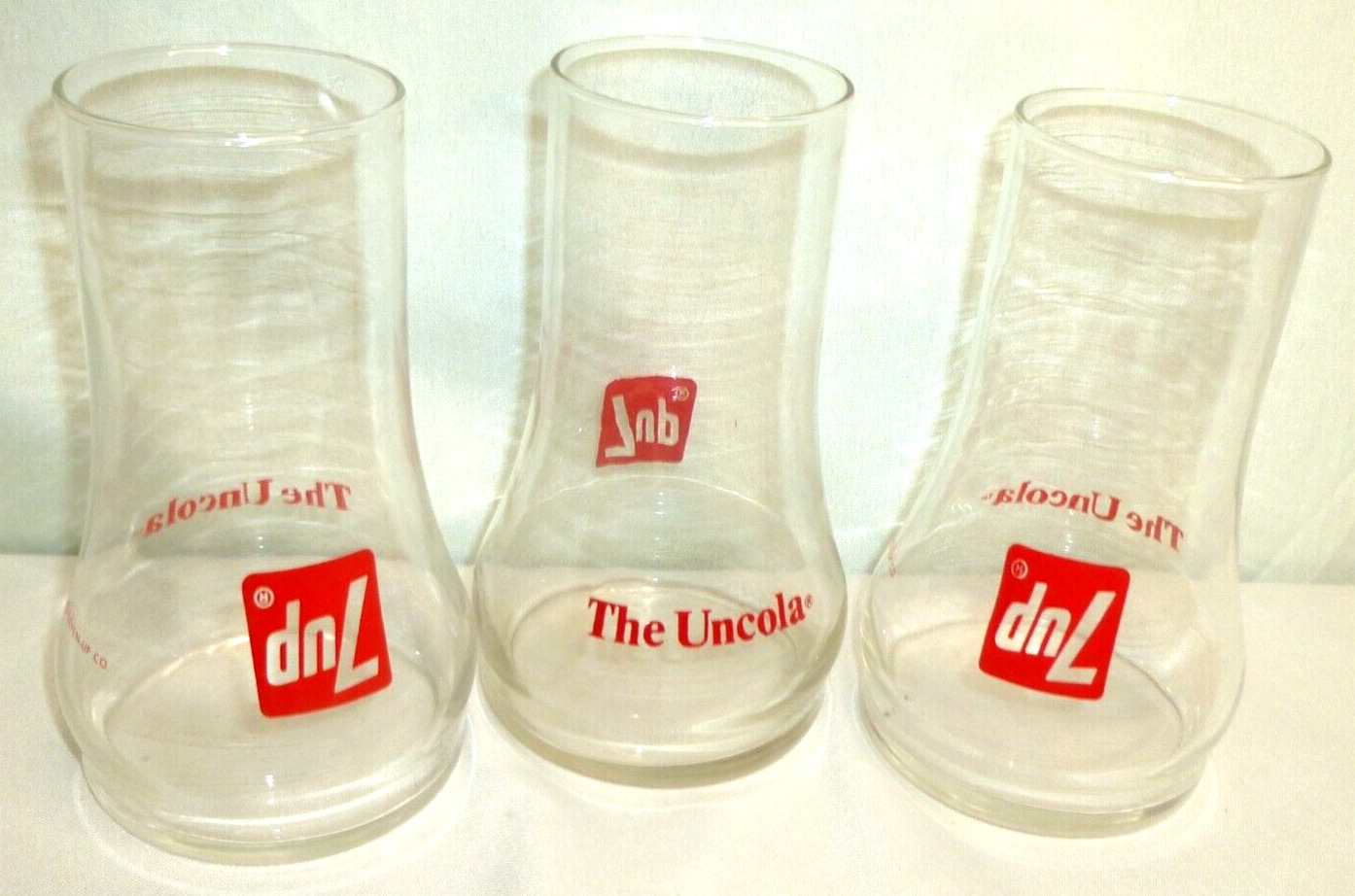 Vintage 7 UP The Uncola Upside Down Glass Tumbler Set of 3 soda pop cups 12oz