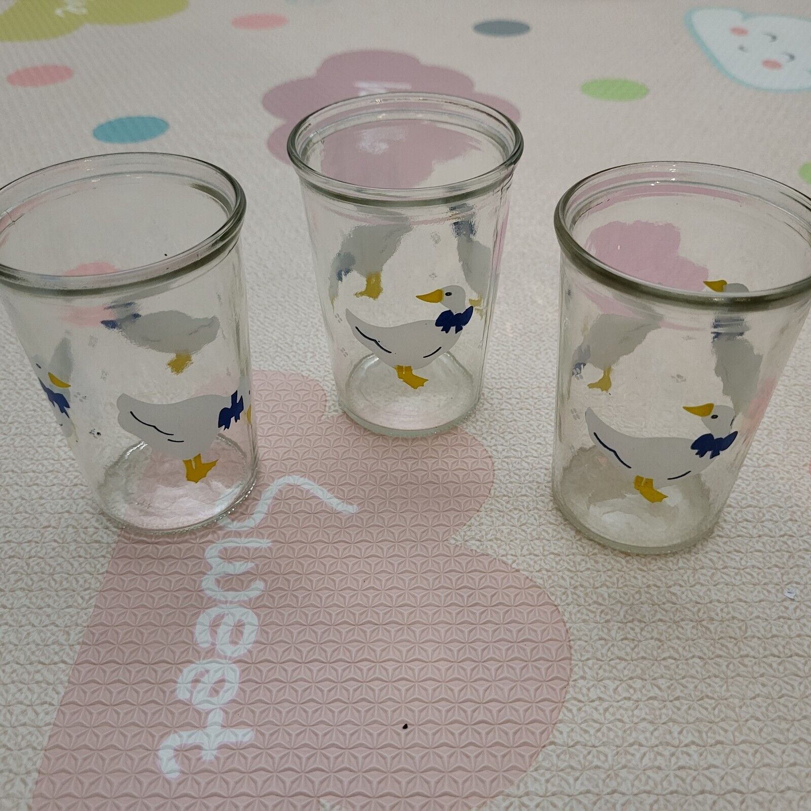 LOT BAMA Jelly Jar White Ducks Chicks  Geese Blue Bows Juice Glasses Vintage 4