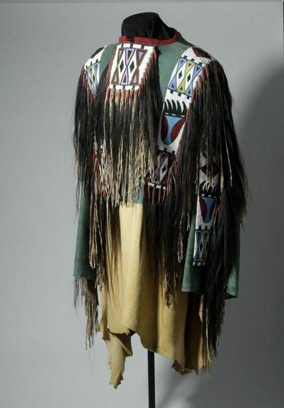 Old American Style Hand Color Buckskin Hide Fringe Beaded Powwow War Shirt NHS11