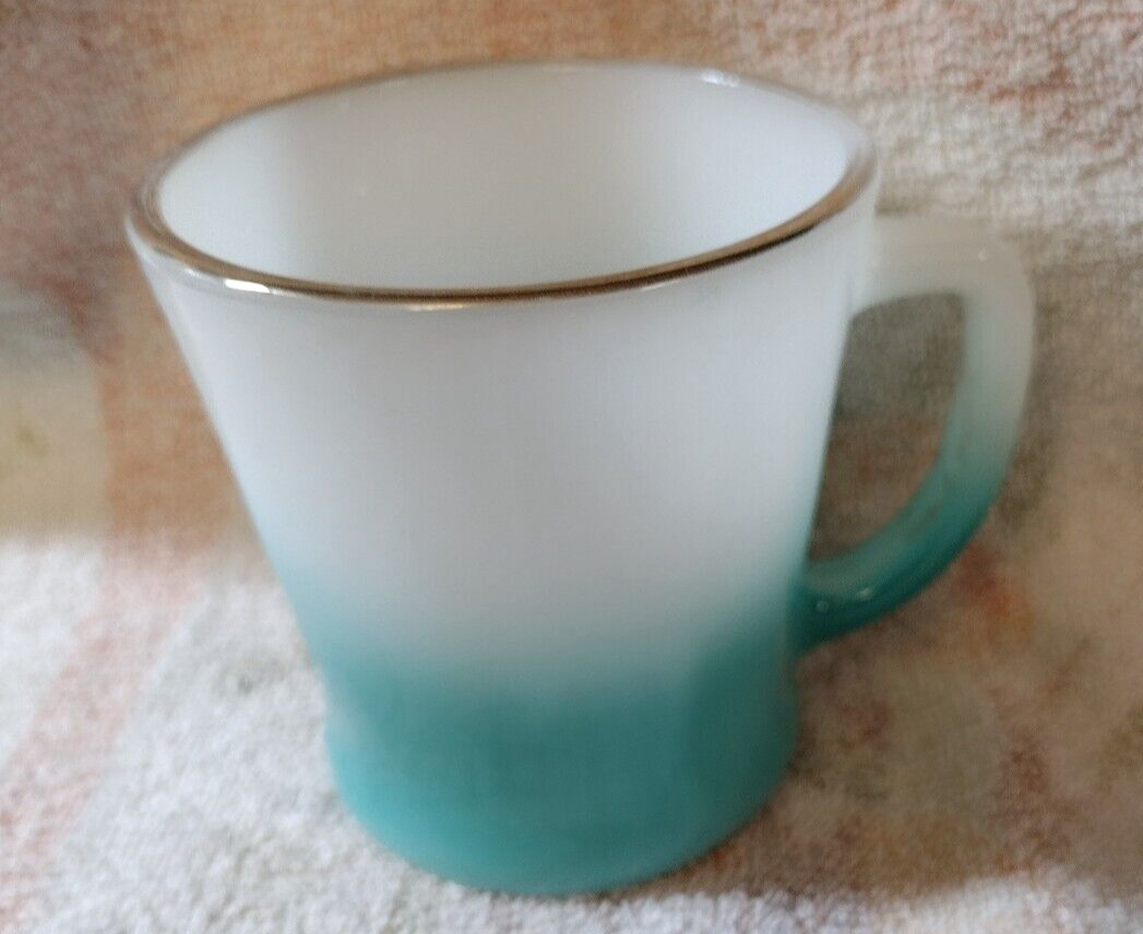 1950s Fire King Coffee Mugs, Turquoise, Ombre Fade, Milk Glass, D Handle-+HTF