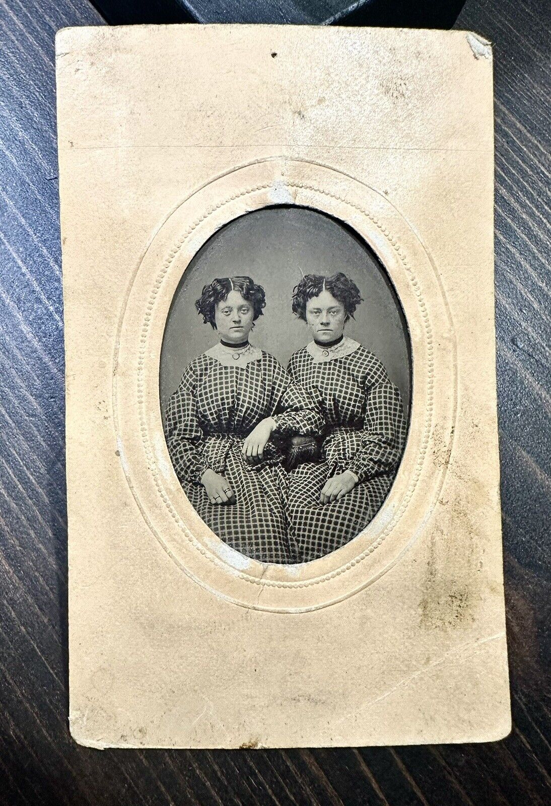 Antique Tintype Twin Girls Matching Dresses 1870s Identical Sisters Photo Creepy