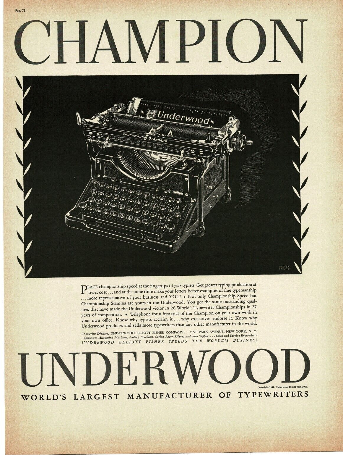 1937 Underwood Standard Typewriter Vintage Print Ad