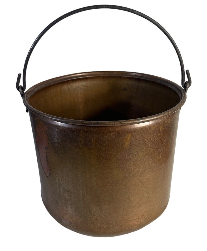 antique vintage Large seamed copper Brass hanging pot Hand made Log Bucket