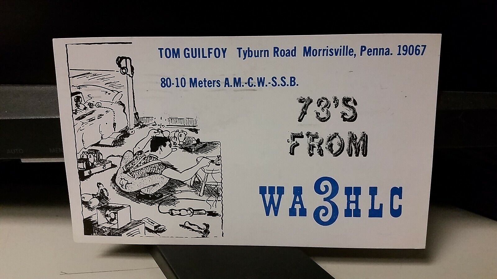 amateur ham radio QSL postcard WA3HLC Tom Guilfoy 1969 Morrisville Pennsylvania
