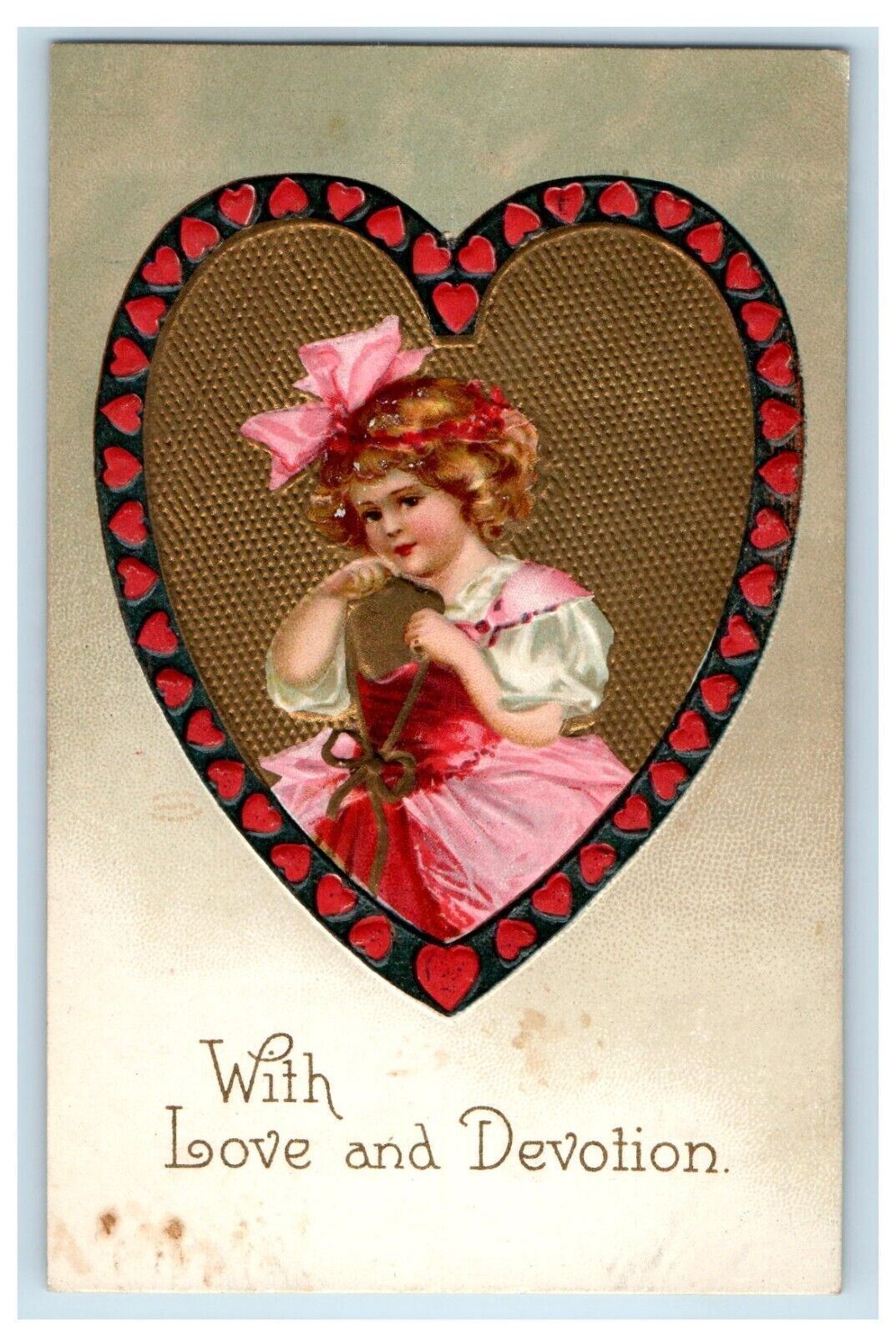 c1910\'s Valentine Little Girl Dress Pink Ribbon Clapsaddle (?) Embossed Postcard