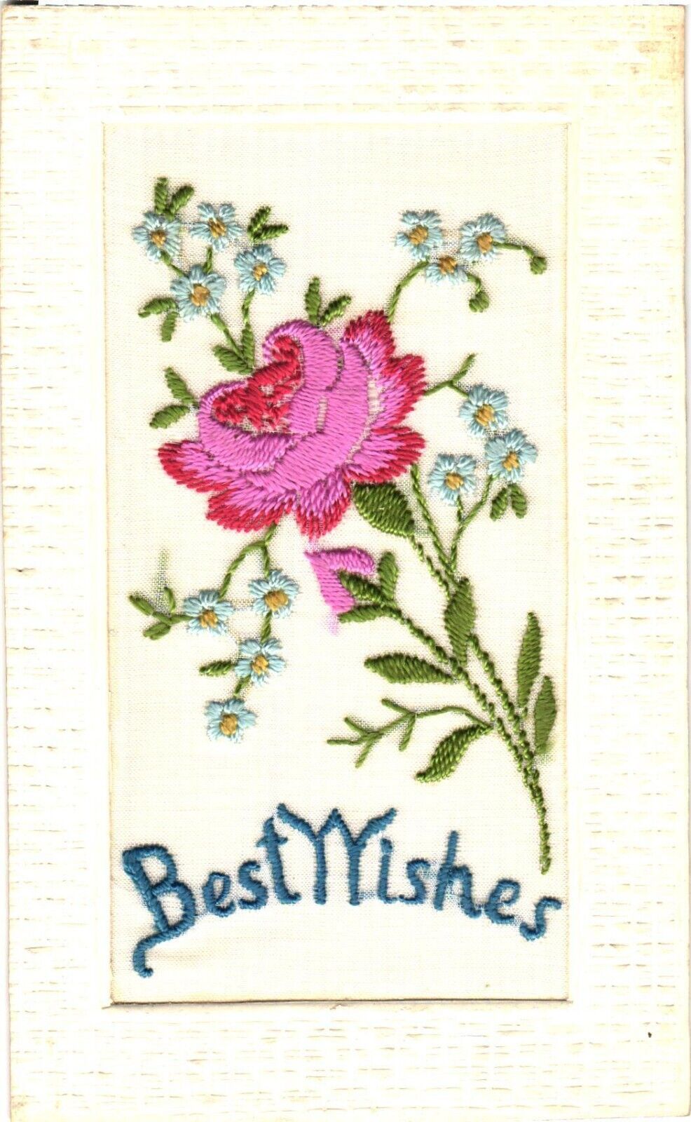 Beautiful Cross-stitched Pink and Blue Flowers, Best Wishes Postcard