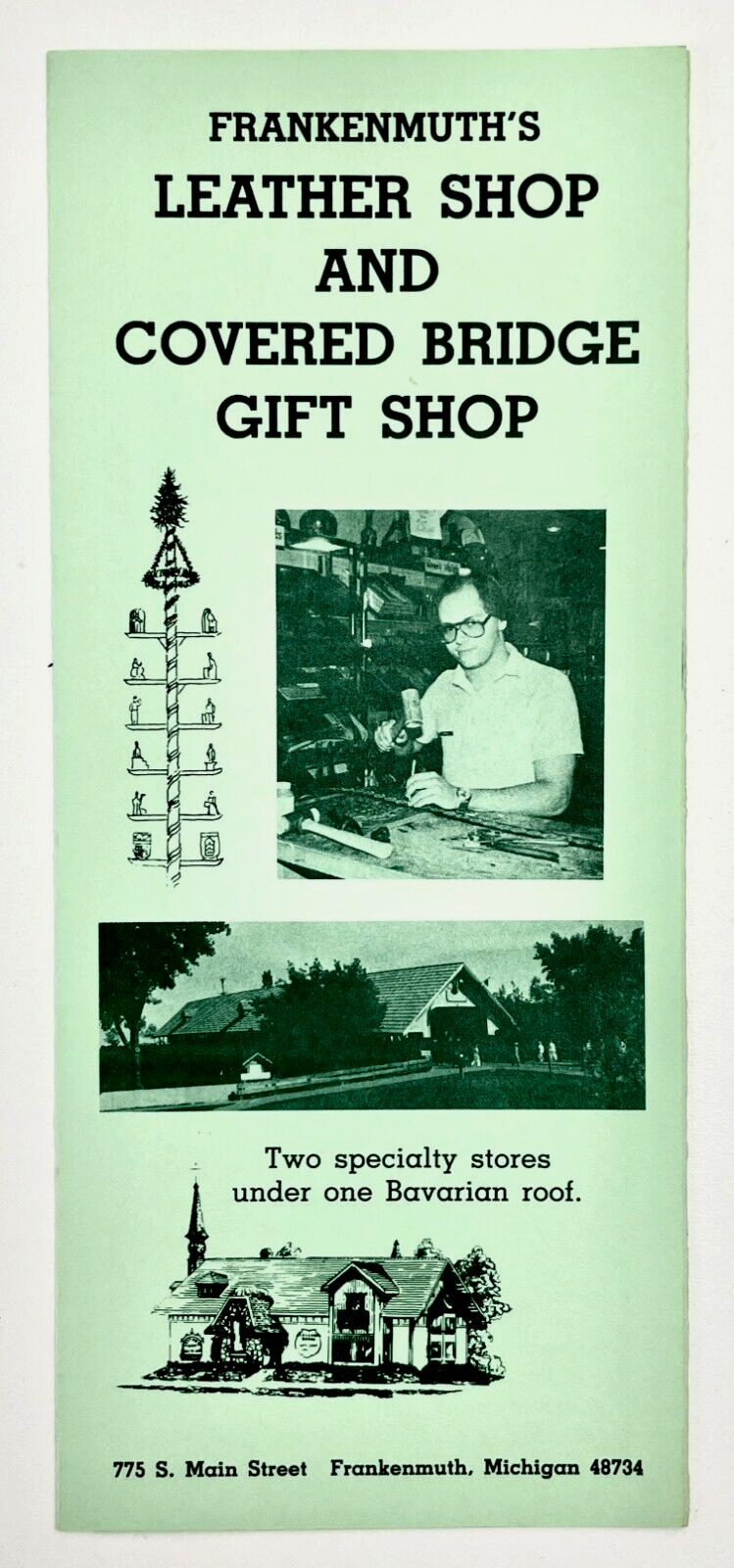 1980s Frankenmuth Michigan Leather Covered Bridge Gift Shop VTG Travel Brochure