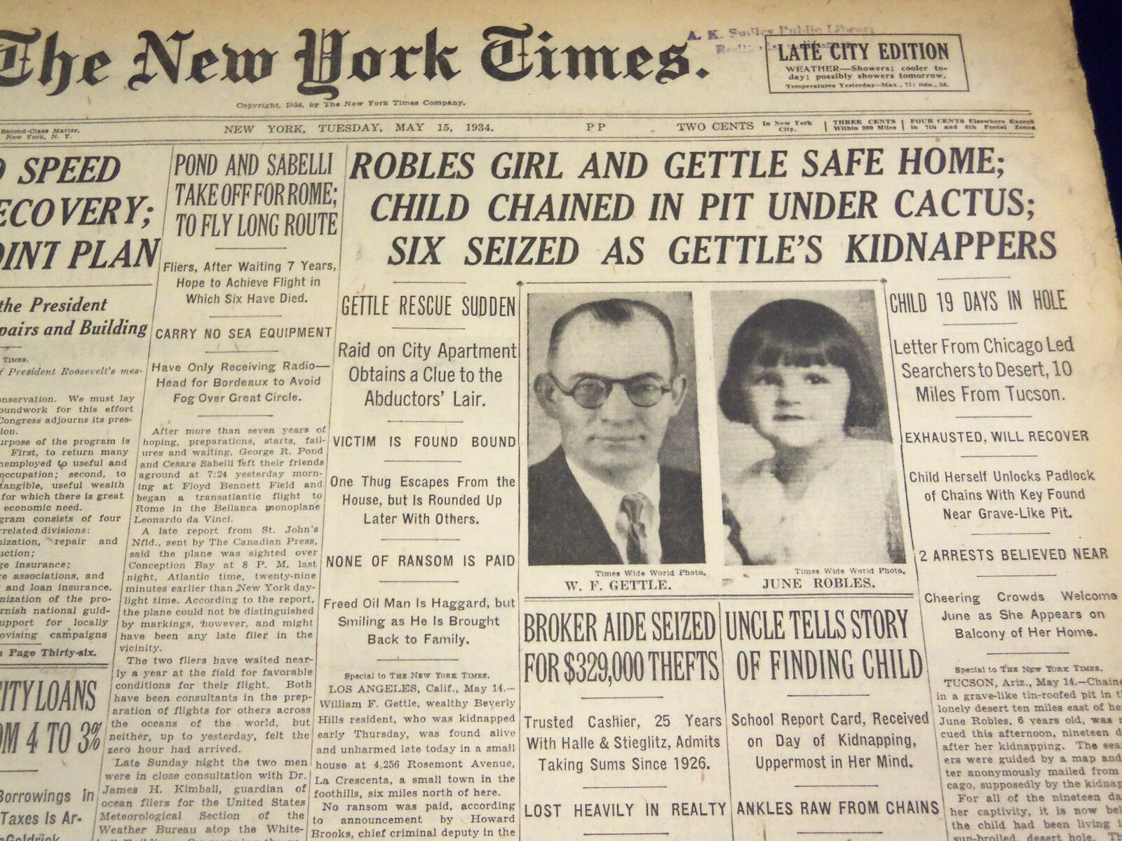 1934 MAY 15 NEW YORK TIMES - ROBLES GIRL & GETTLE SAFE HOME - NT 1693