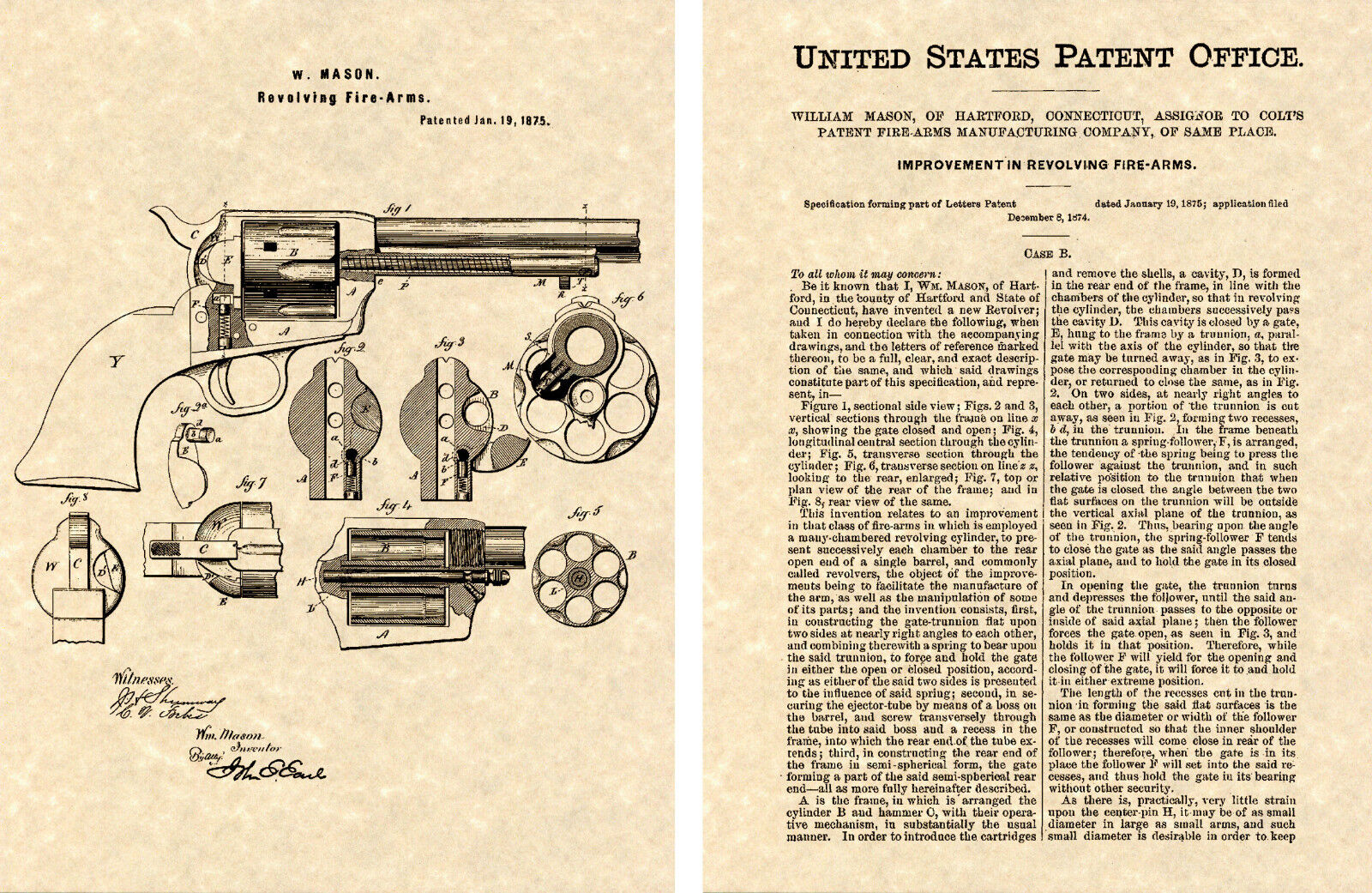 COLT PEACEMAKER 1873 US PATENT Art Print READY TO FRAME 45 Mason Revolver