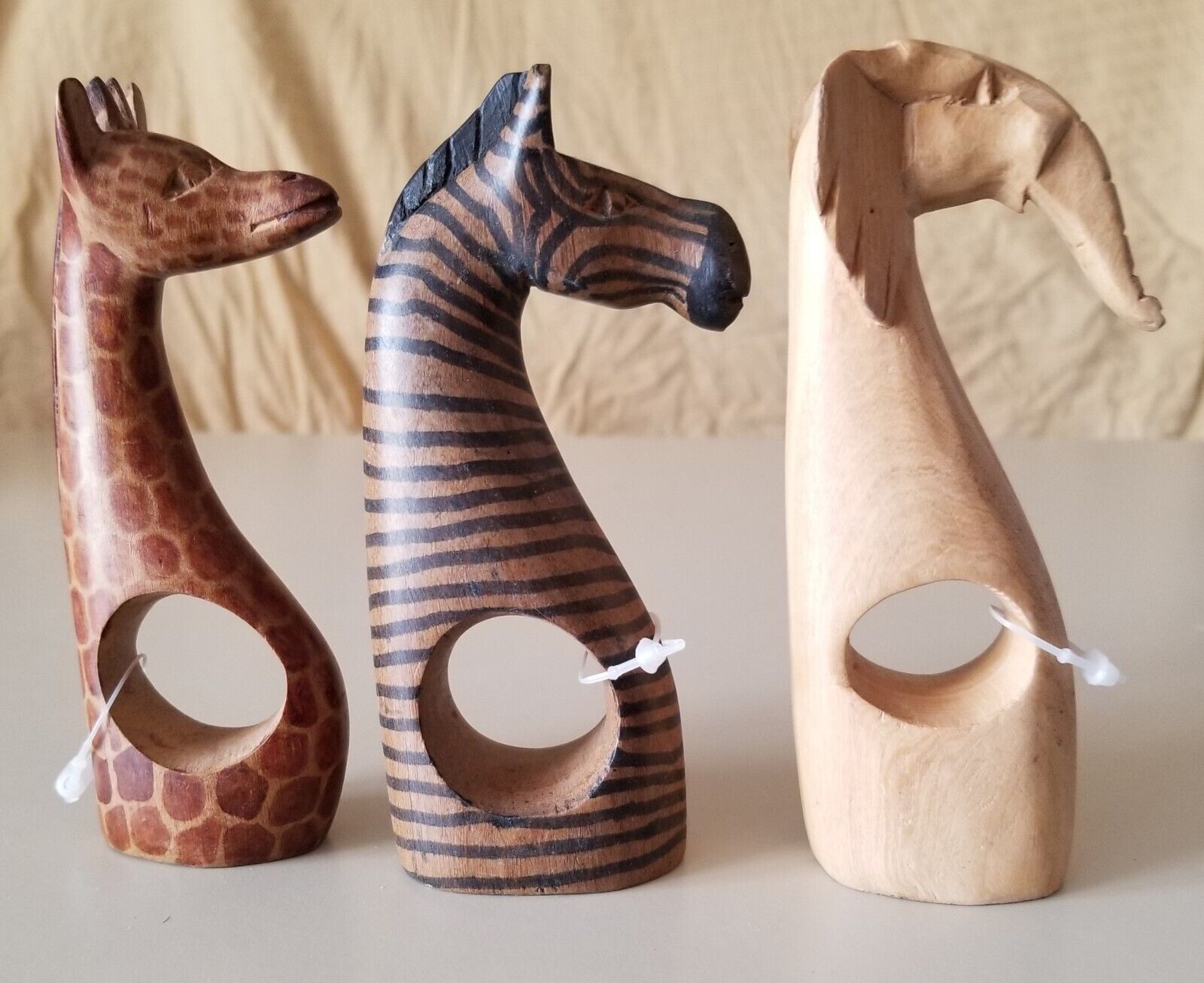 Lot of 3 Genuine Besmo Hand Carved Wood Elephant, Zebra & Giraffe [C4