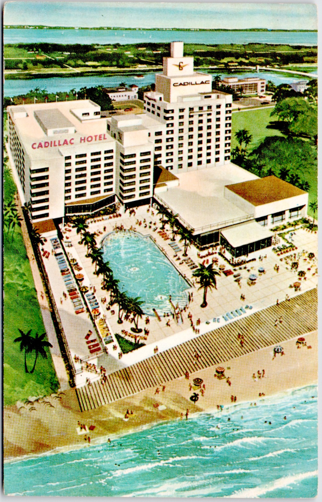 Miami Beach Florida The Cadillac Hotel Pool Swimming Aerial FL Vintage Postcard