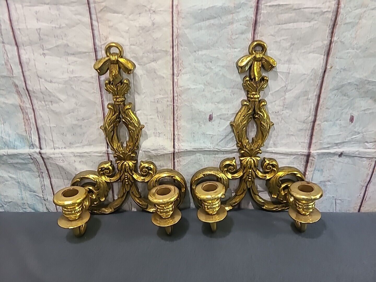HOME INTERIORS Burwood Products Co Gold Ornate 2 Arm Wall Sconce Candle Holder 