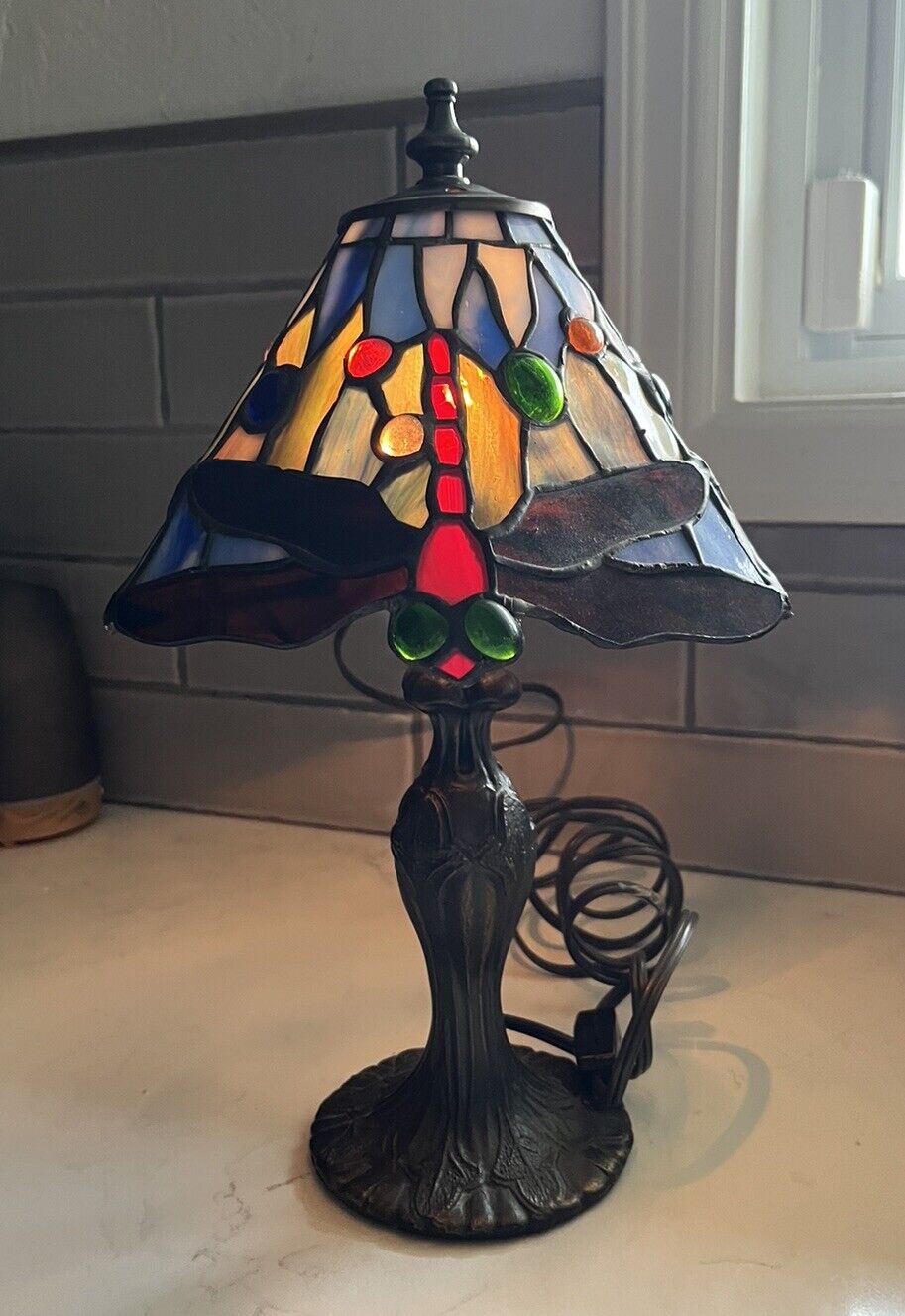 Vintage Tiffany Style Stained Glass Small Table Lamp Dragonflies