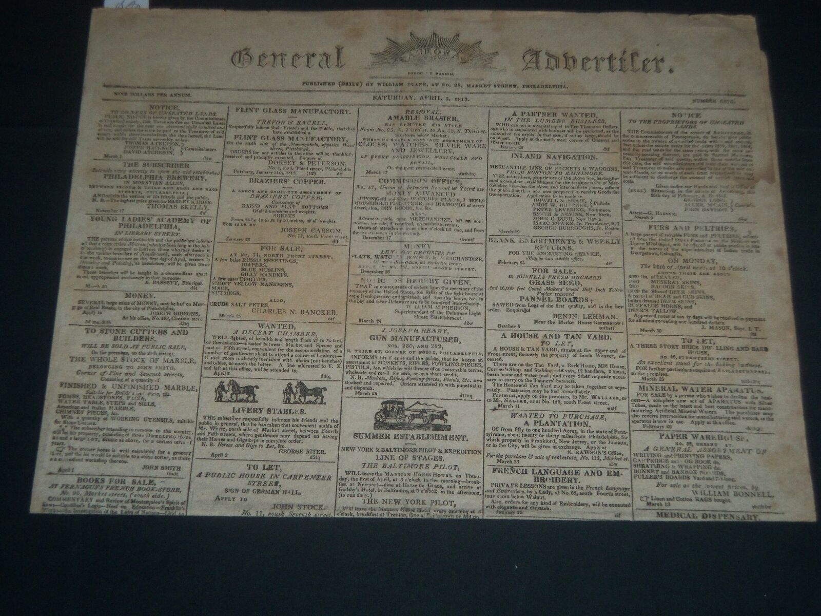 1813 APRIL 3 GENERAL ADVERTISER NEWSPAPER - PHILADELPHIA - NP 3980