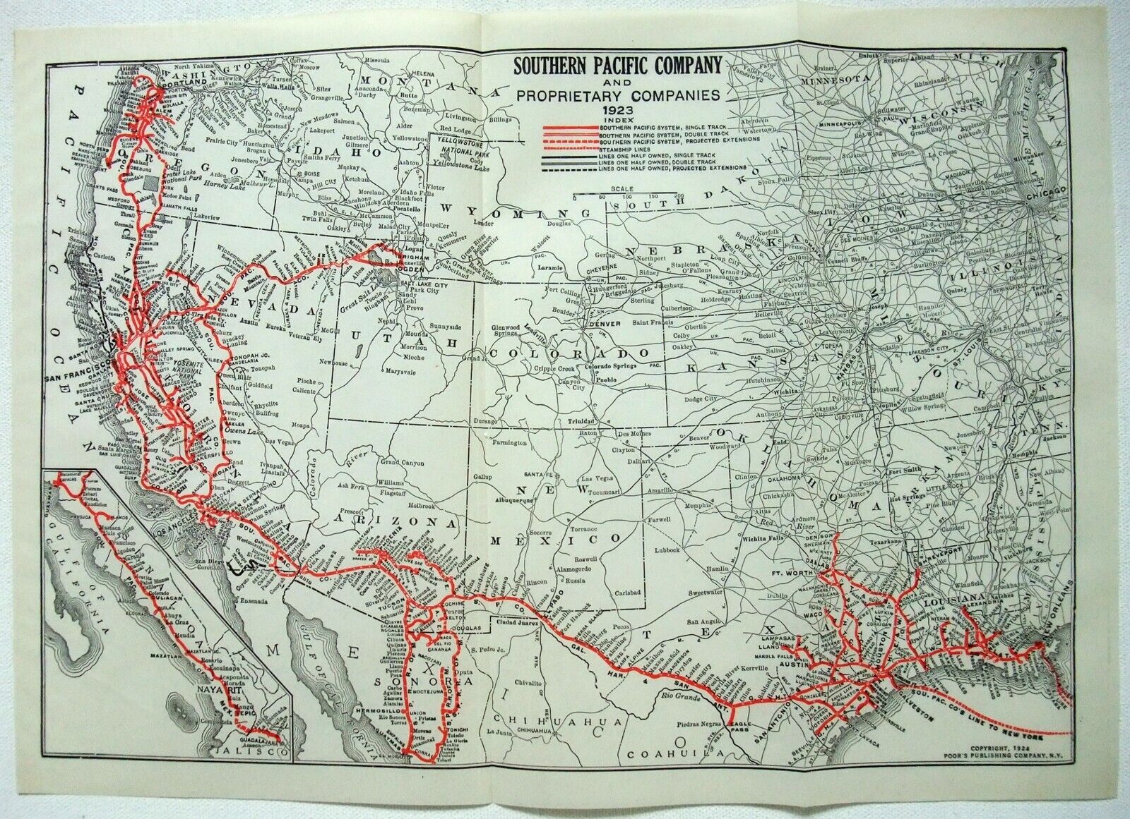 Southern Pacific Railroad - Original 1924 System Map. Antique Railway