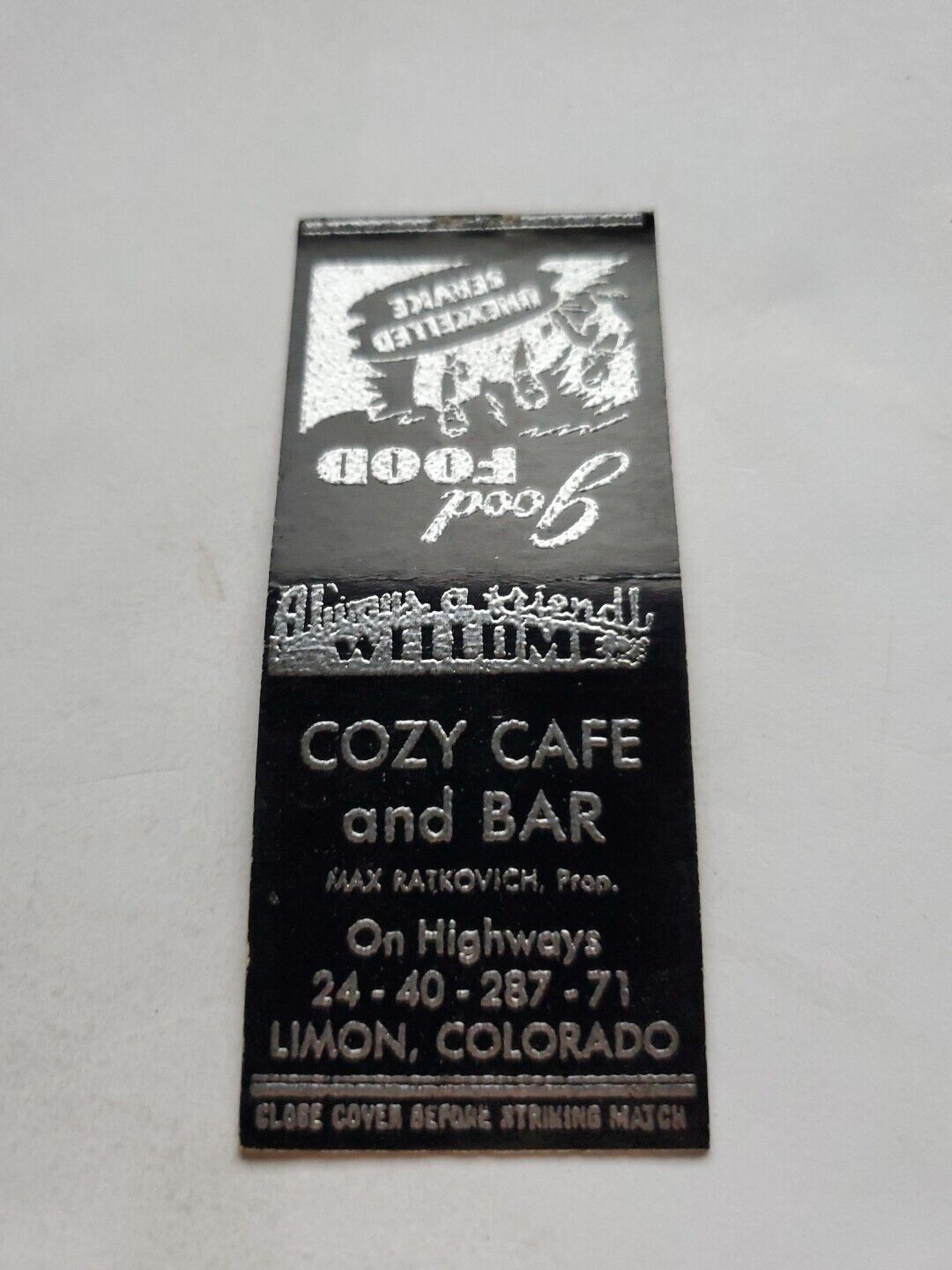 Cozy Cafe And Bar Limon Colorado Matchbook Cover