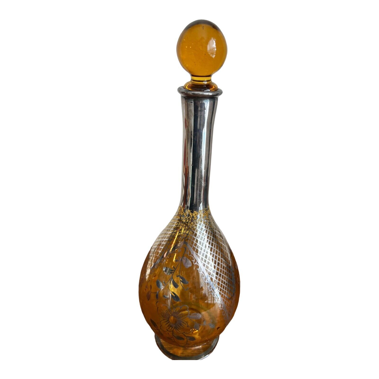 Vintage Amber Art Nouveau Crystal and Sterling Silver Wine Decanter