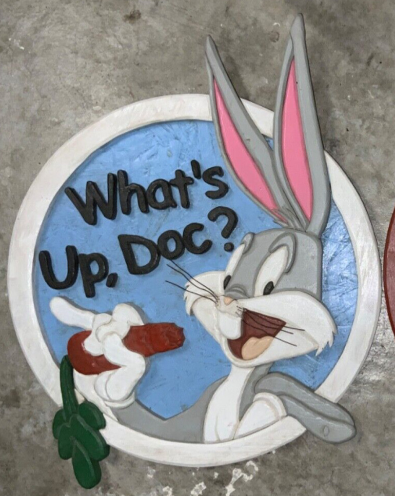 Vintage LOONEY TOONS GLAZED Carved Wood WALL ART Bugs Bunny - WHAT’S UP DOC?
