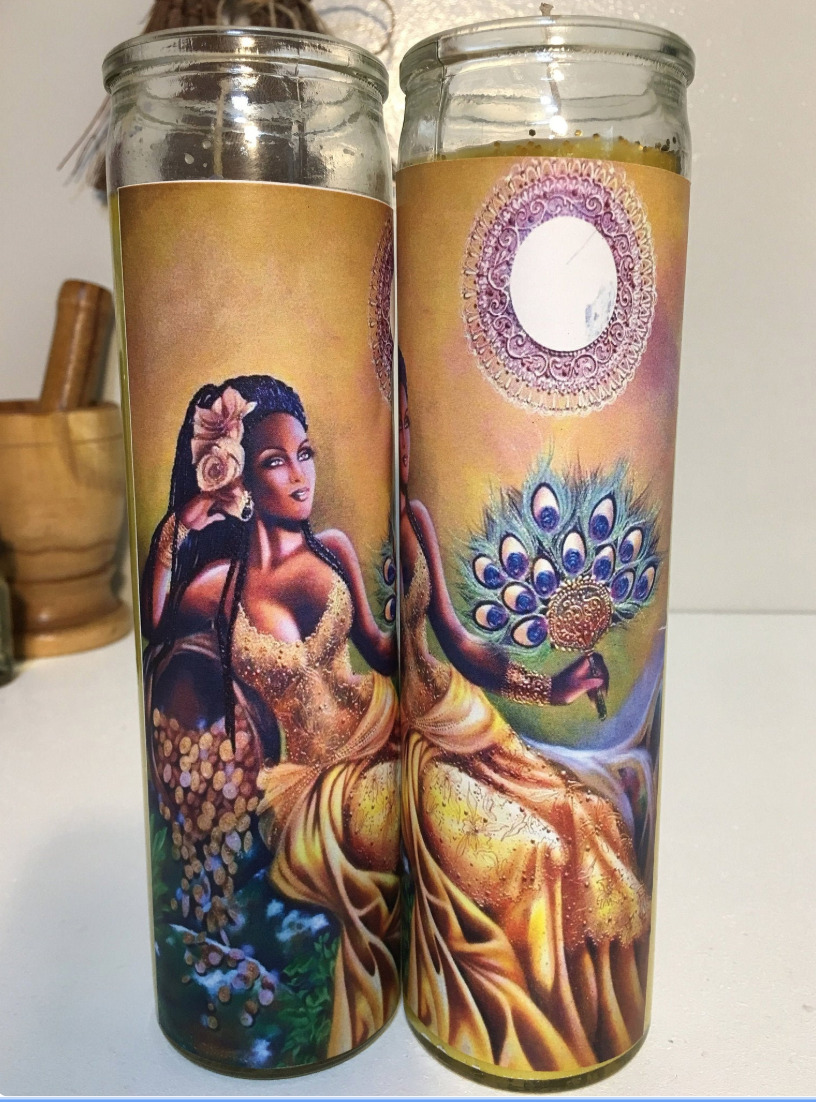 Oshun Goddess Yellow Dressed Conjured Candle, Diosa Oshun Veladora Preparada