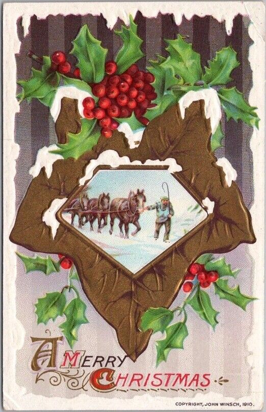 Vintage 1910s Winsch MERRY CHRISTMAS Embossed Postcard / Horse Team Scene UNUSED