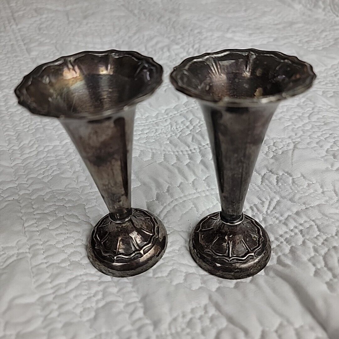 Pair of Dept 56 Vintage Silver Plated over Brass Trumpet Vases Weighted 4.5\