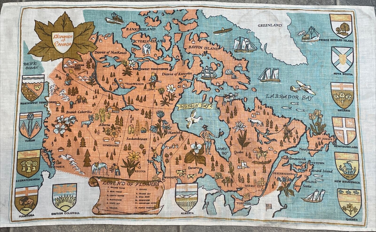 Vintage Linen Dominion Of Canada Map Tea Towel