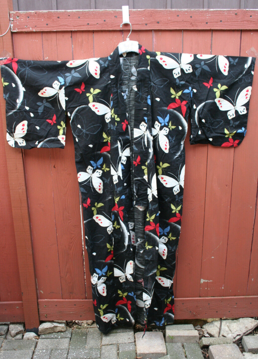 Vintage Yukata Kimono Japan Butterfly Print On Black Background - LARGE - XL