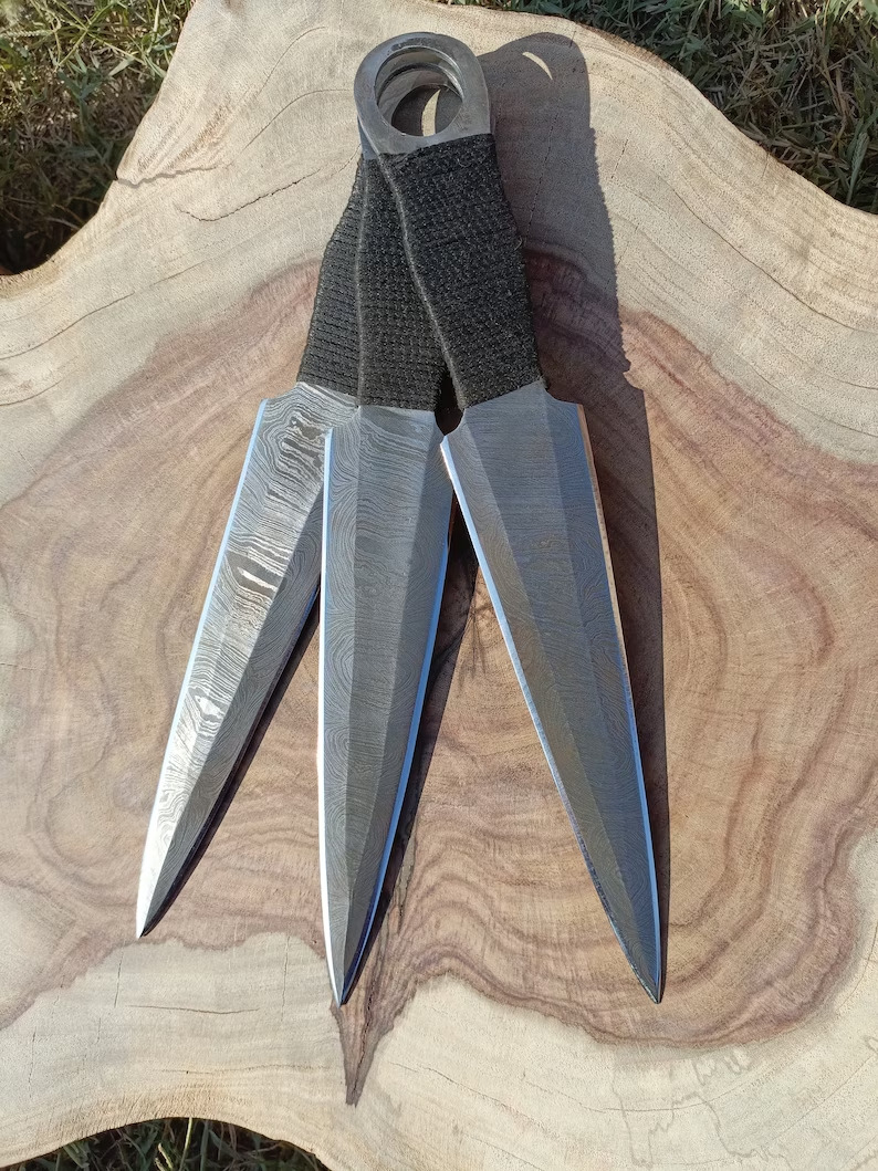 Handmade 3pcs Damascus Steel Kunai Outdoor Knife For Hunting & Camping