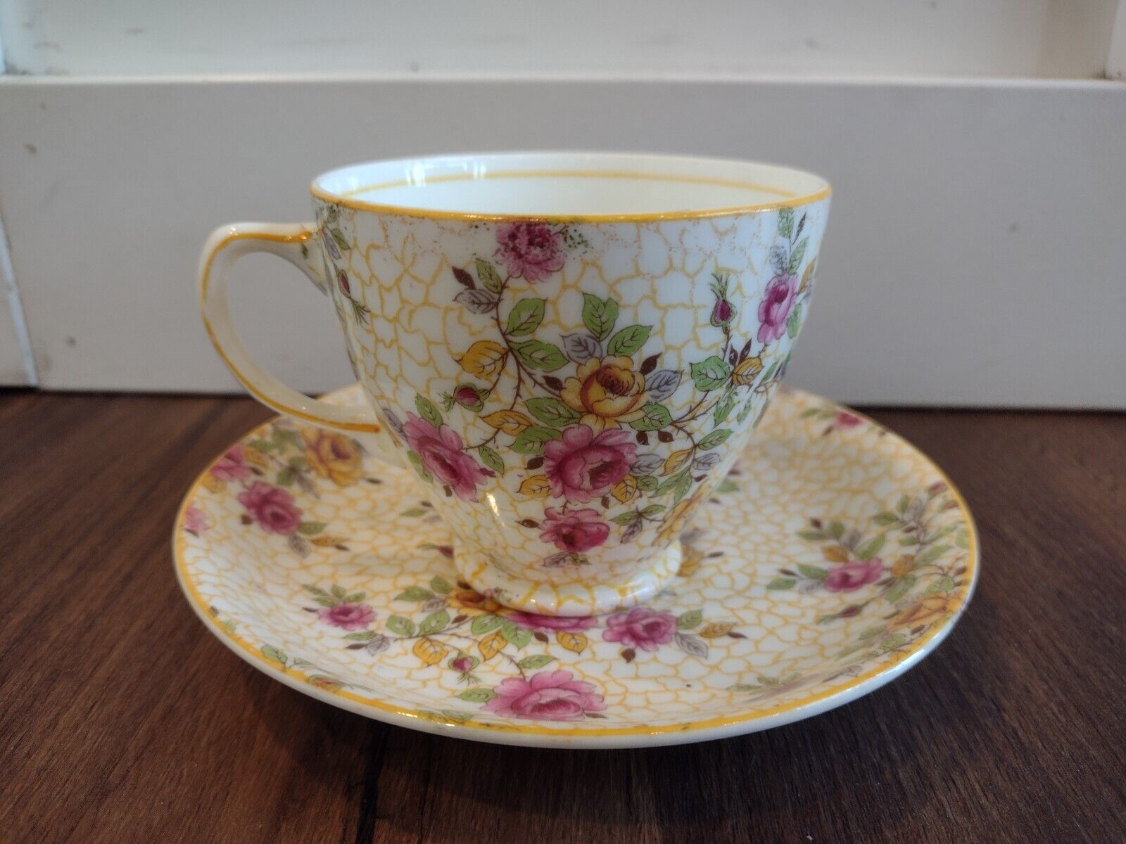 Vintage Sampson Smith Yellow Pink Cabbage Rose Old Royal Tea Cup Saucer England