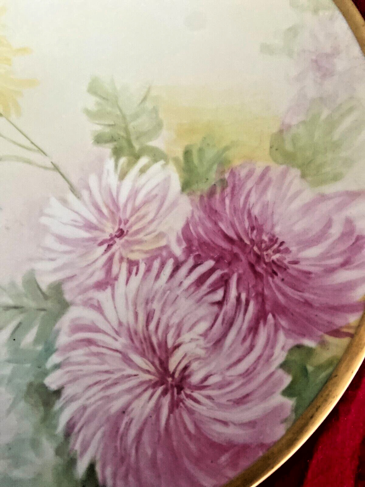 Antique 1891-1932  Limoges Jean Pouyat Floral MUMS plate  -artist signed Segur