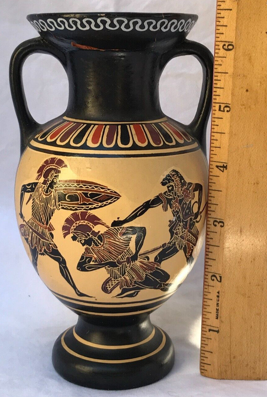 Egyptian Vase Warriors Fighting Signed D. Vassilopoulos Repaired