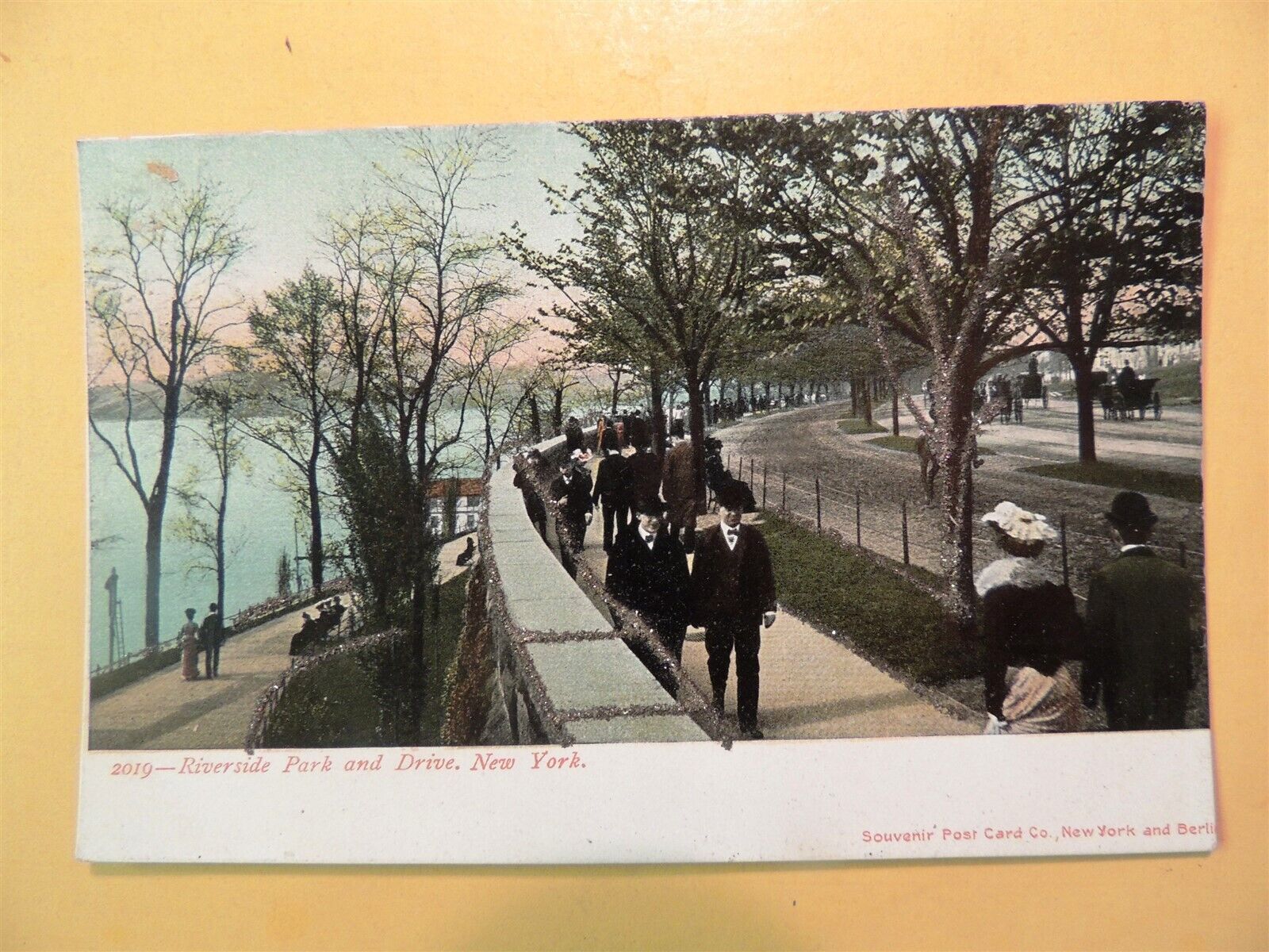Riverside Park & Drive New York City New York vintage postcard Glitter accents