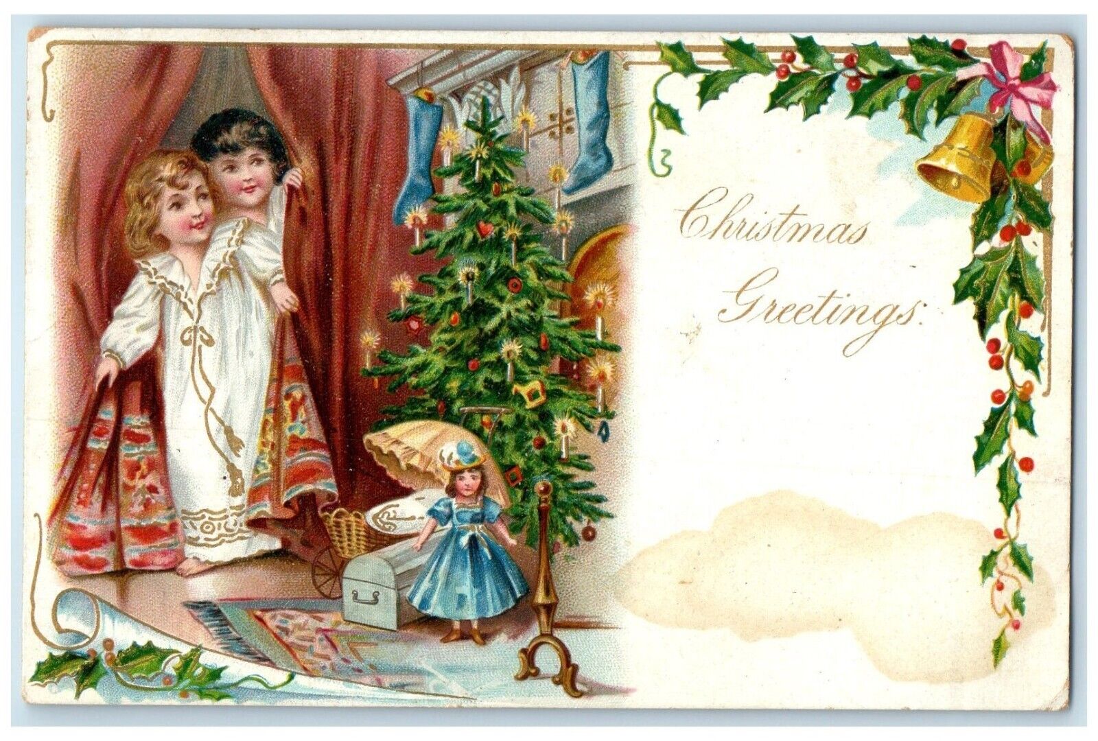 c1905 Christmas Greetings Children Gift Presents Doll Holly Berries Postcard