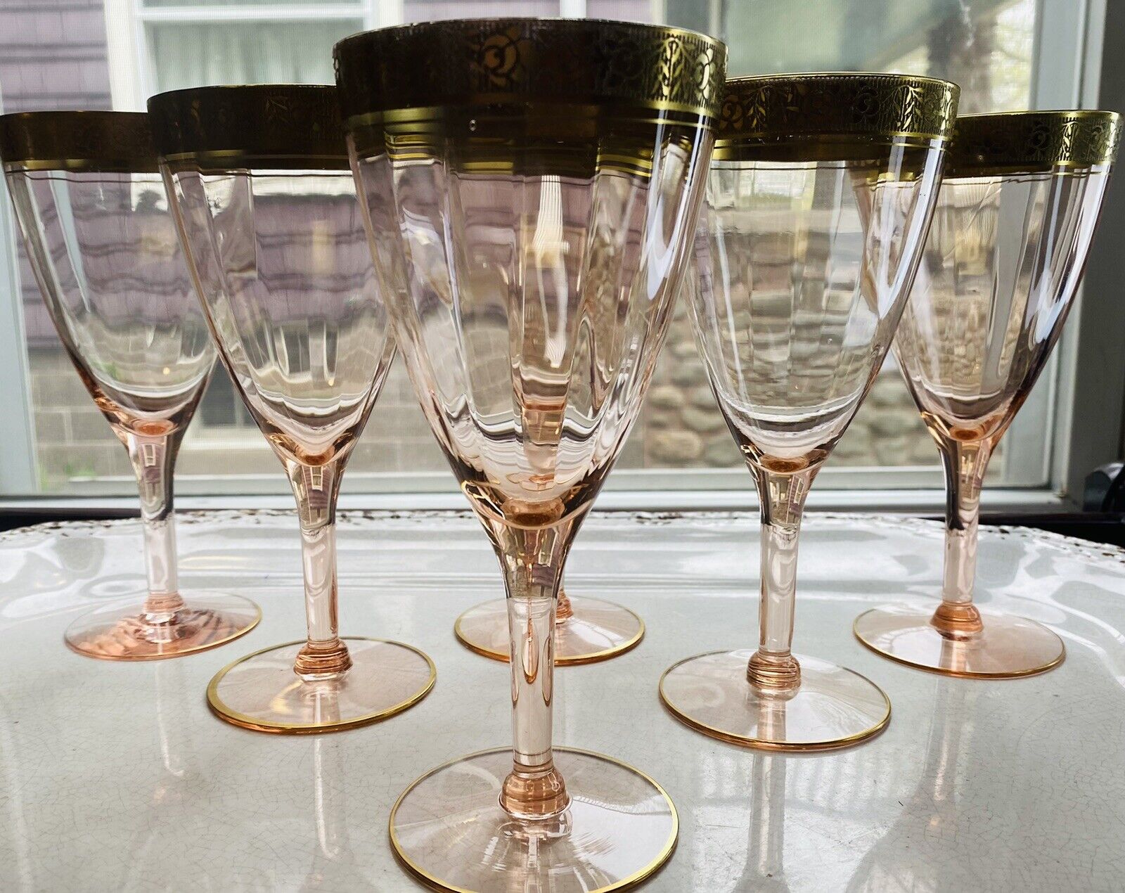 1930's Art Deco Pink Gold Encrusted Water Goblet Tiffin Rambler Rose Glass-8