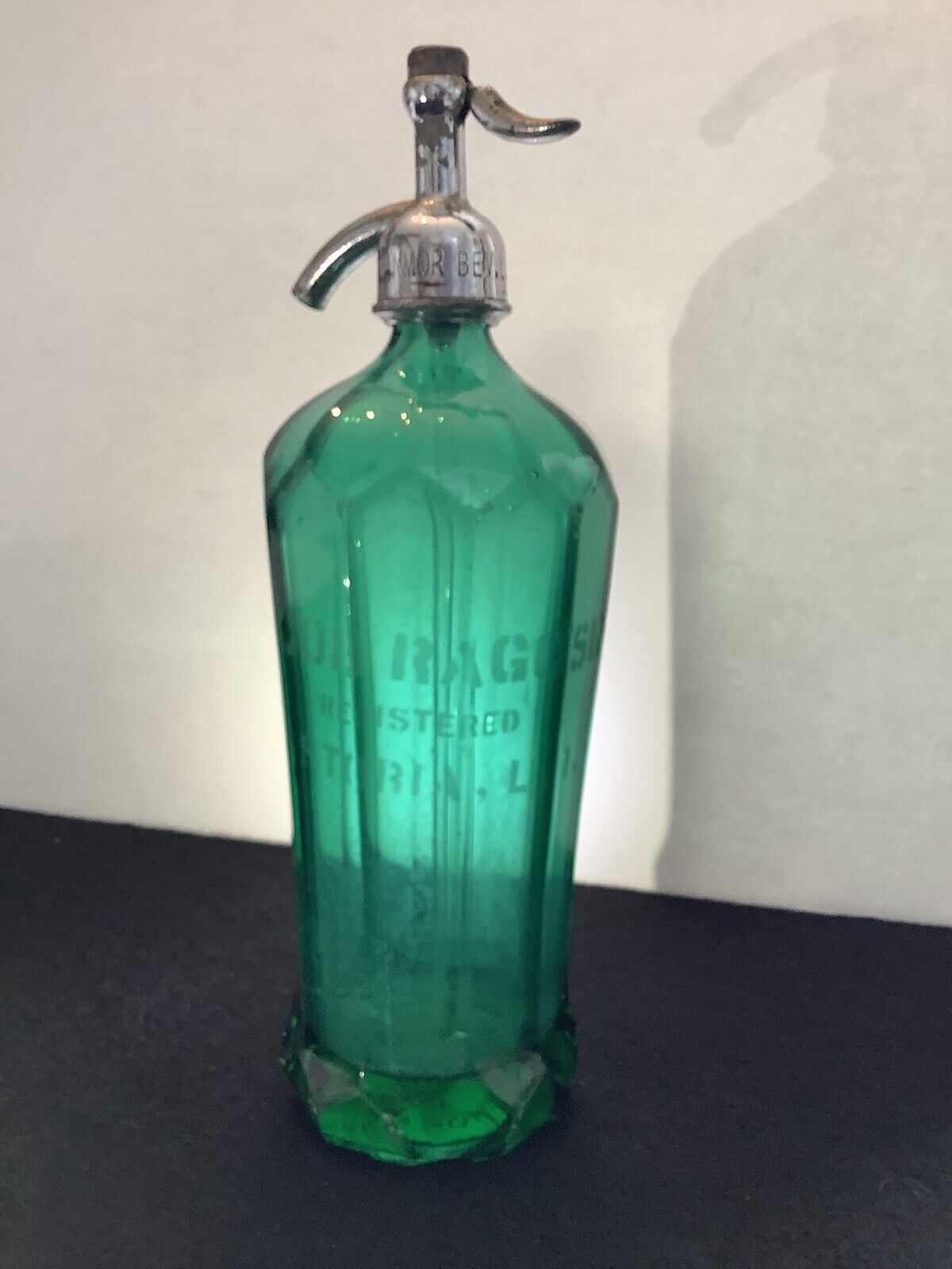 Vintage Czechoslovakia Green Glass Seltzer Bottle, Jacob Ragosin “Registered”