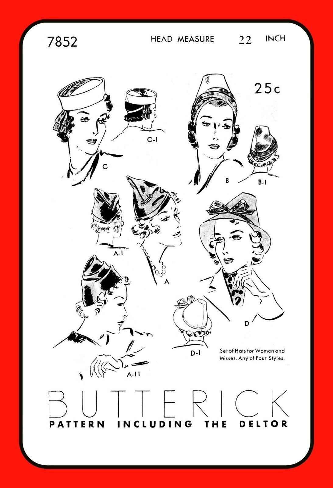 Misses HATS 4 Unique Styles VERY RARE Butterick 7852 Vintage 1938 Sewing Pattern