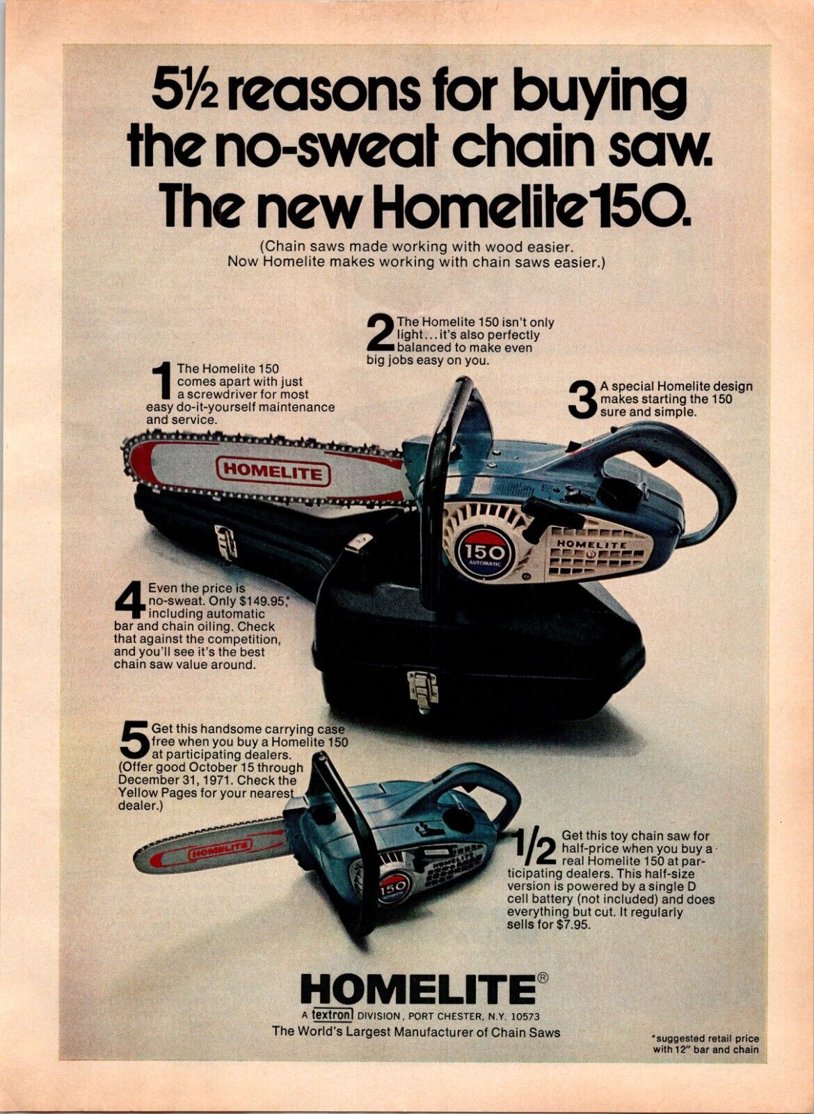 Homelite 150 Chainsaw-Get Toy Chainsaw At Half Price-Vintage Print Ad