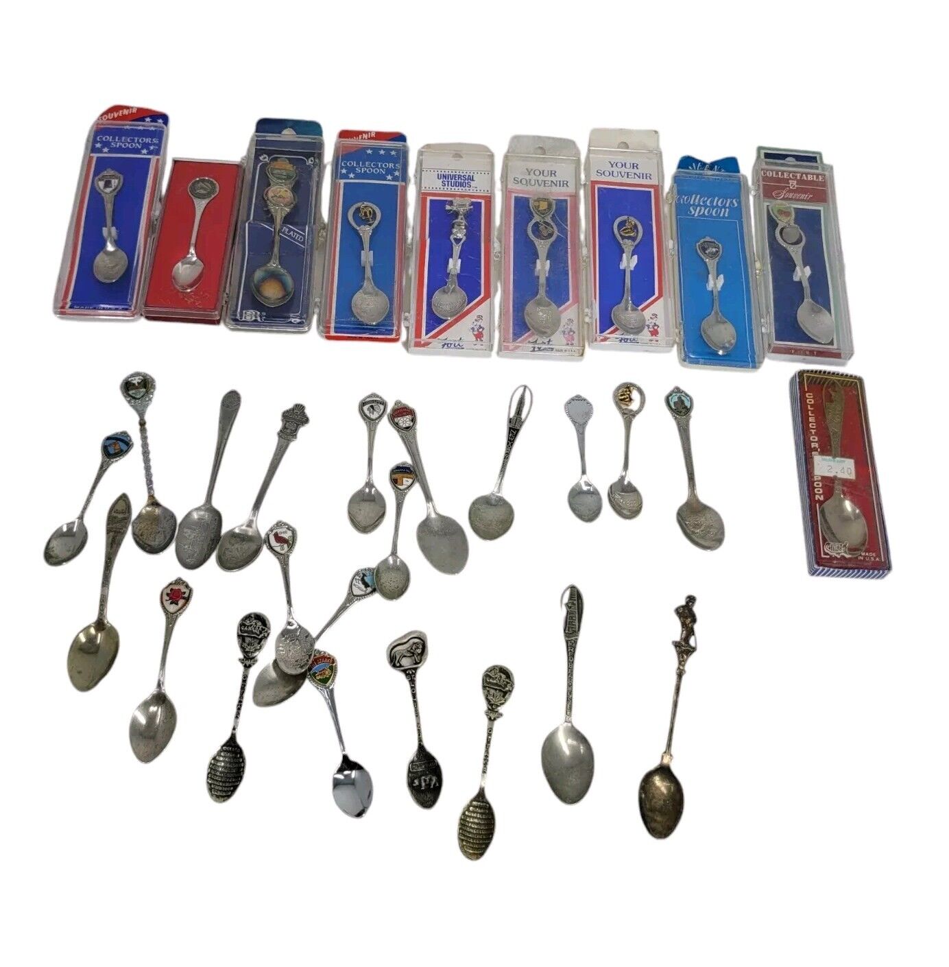 Vintage Lot of 31 Collector Souvenir Spoons Made Of Multiple Types medals Rolex 