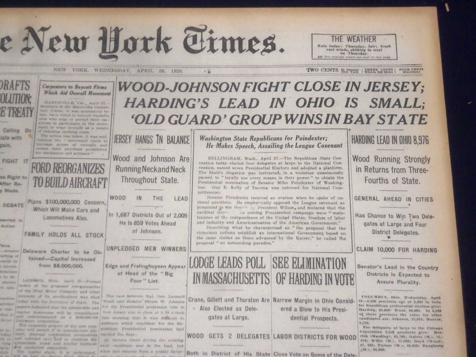 1920 APRIL 28 NEW YORK TIMES - HARDING\'S LEAD IN OHIO IS SMALL - NT 8291