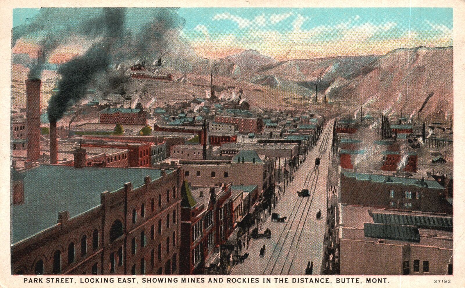 Vintage Postcard Park Street Looking East Mines & Rockies Butte Montana MT