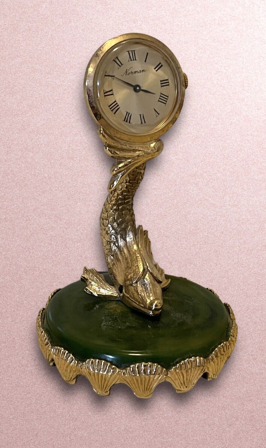 Dolphin Fish Figural Vintage Norman Brass Victorian Desk Top Quartz Alarm Clock