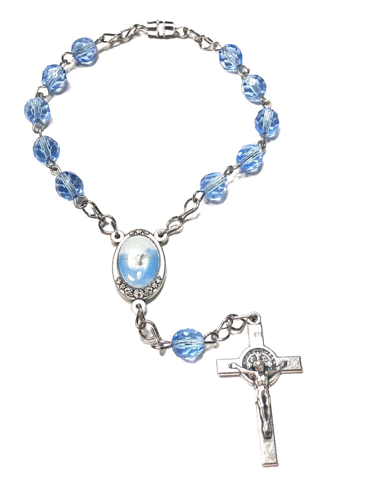 Handmade One Decade Light Sapphire Blue Car Rosary Rear View Mirror Catholic