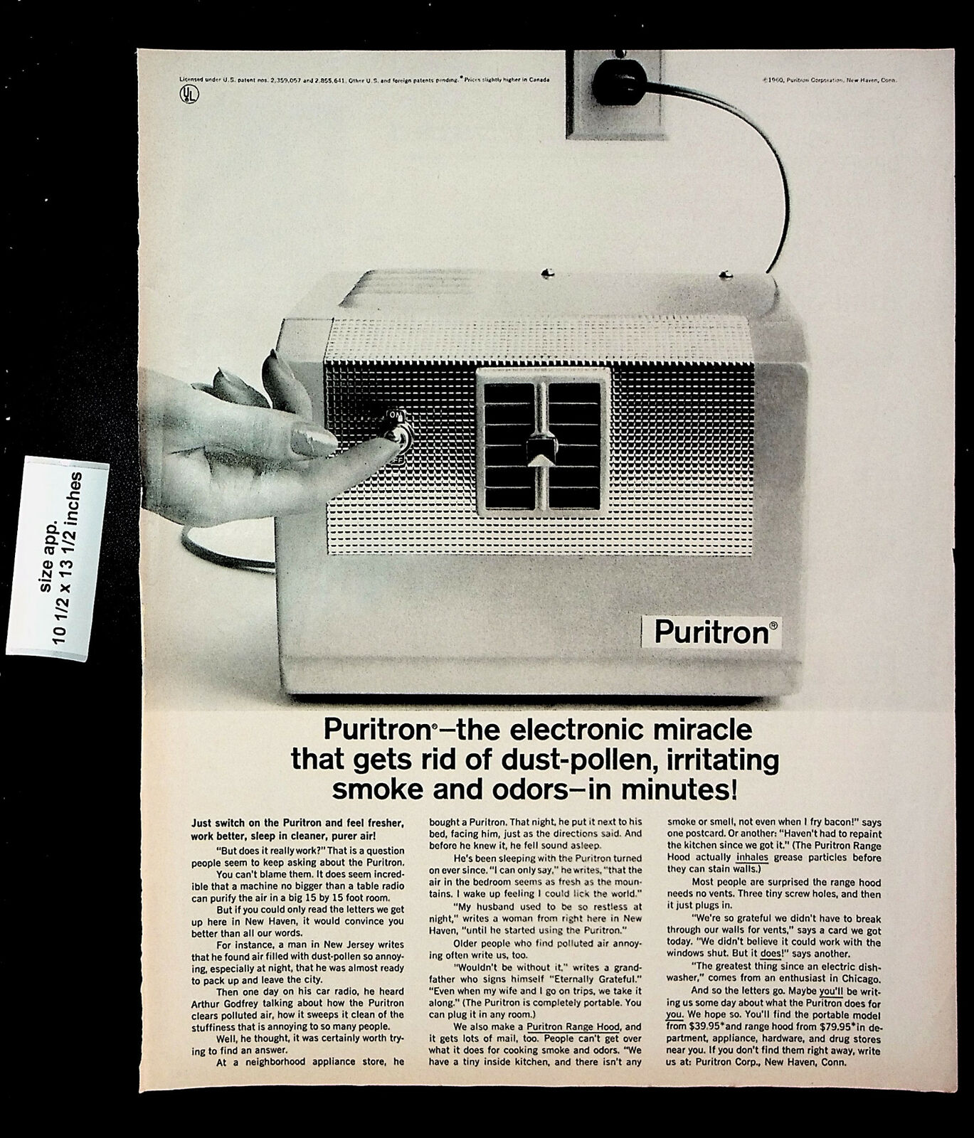 1960 Puritron Air Purifier Vintage Print Ad 27677