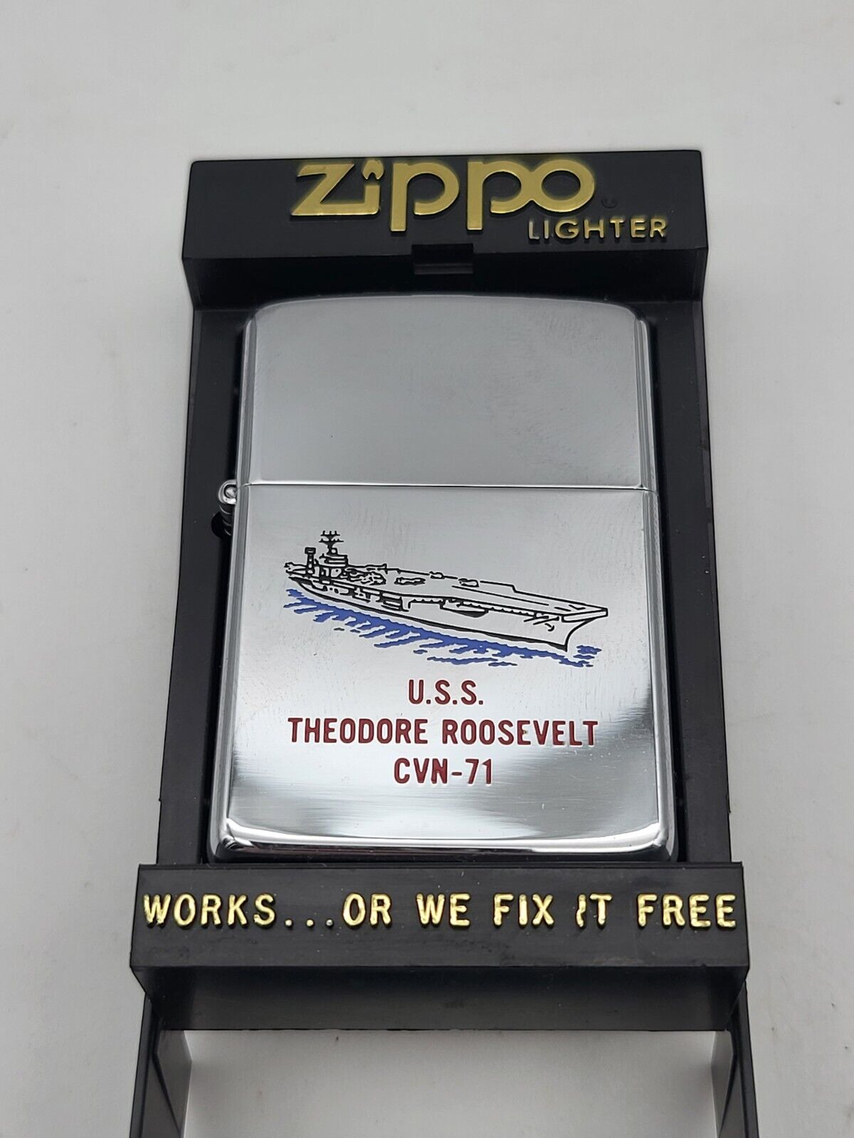 VINTAGE ZIPPO USS THEODORE ROOSEVELT  BRUSHED CHROME LIGHTER NEW IN BOX RARE