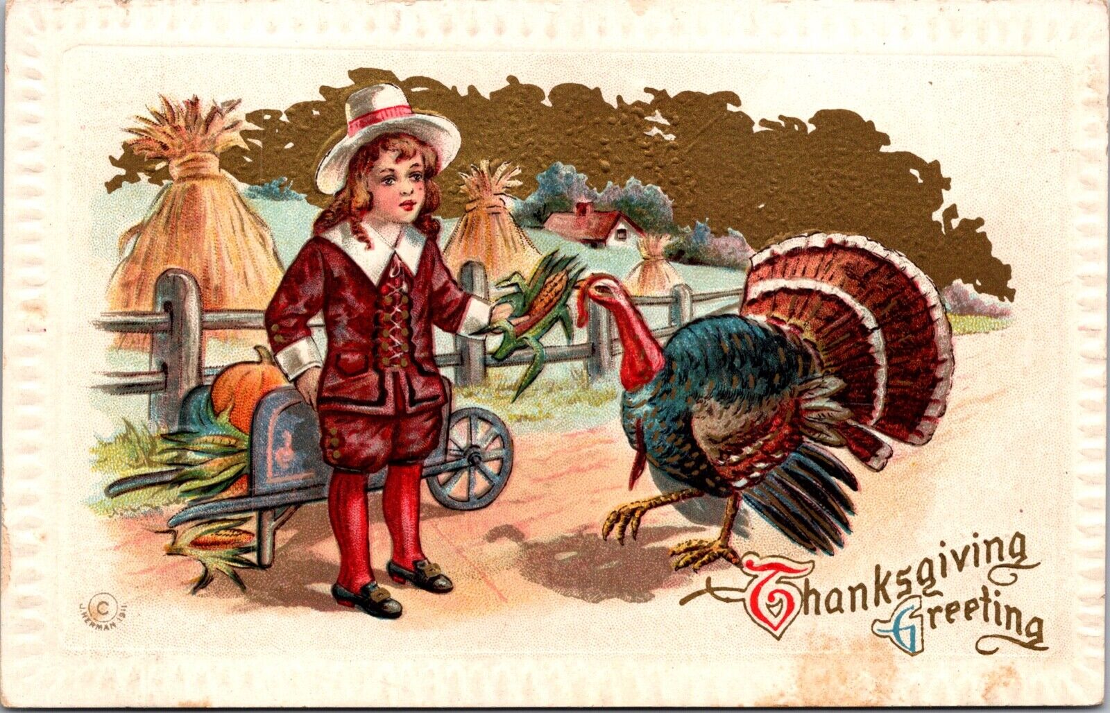 Thanksgiving Postcard Pilgrim Boy Feeding Corn to a Turkey, Hay, Pumpkin