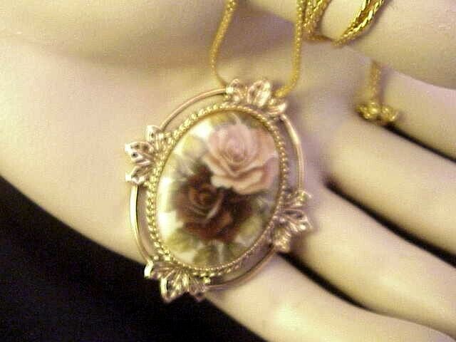 Vintage Oval Pendant Necklace Designer Signed (C) Coventry  Rose Flowers
