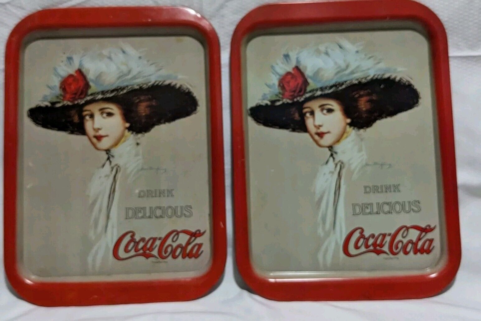 Two Vintage 1971 Coca Cola Metal Serving Tray Hamilton King Girl Woman 1909 