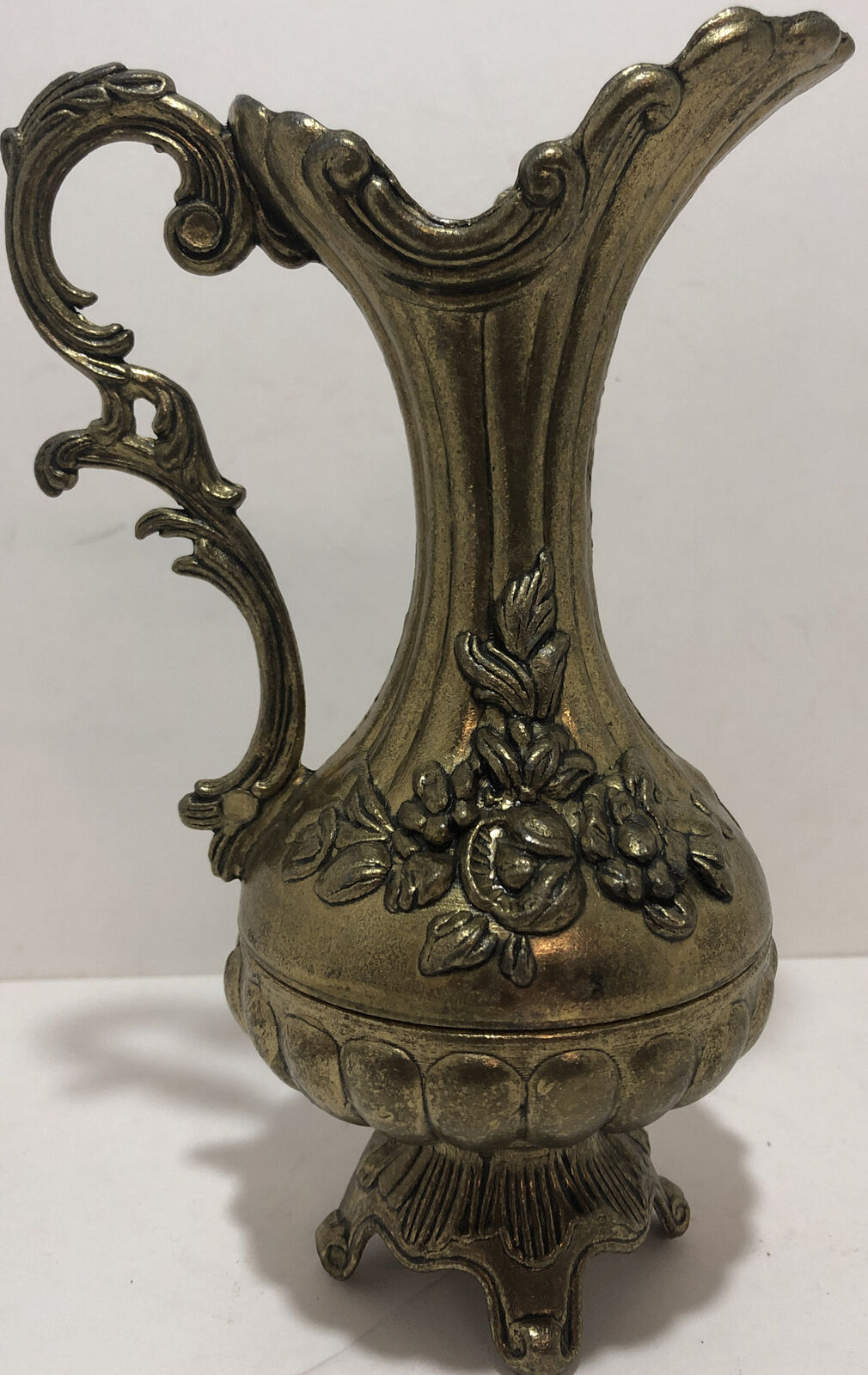 Vintage Victorian Style Brass Footed Cruet Pitcher Ornate Flowers Italy